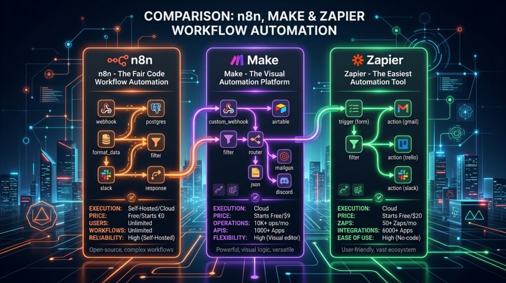 n8n vs Make vs Zapier: Detailed Comparison, Cost Breakdown & Migration Guide (2026)