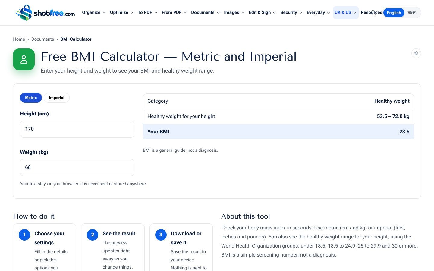 ShobFree BMI calculator